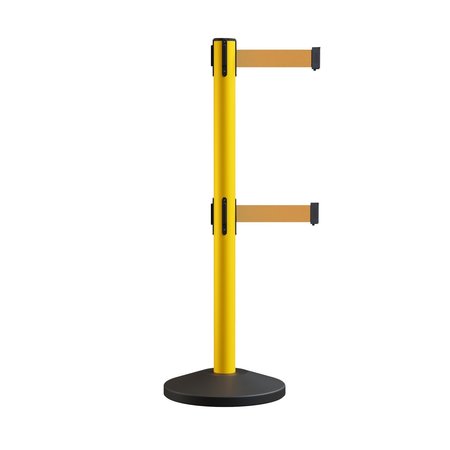 MONTOUR LINE Retractable Dbl Belt Rolling Stanchion, 2.5in YW Post  11' Brown Belt MS630D-YW-BN-110